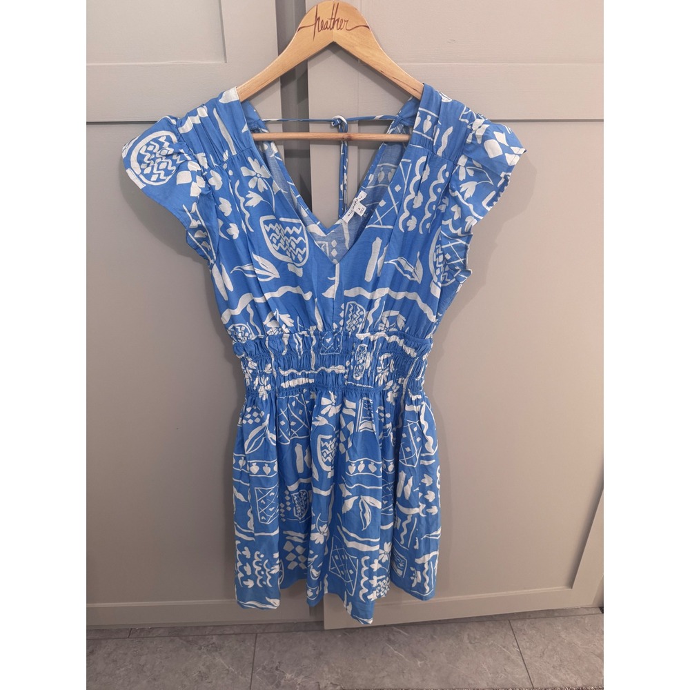 Blu Pepper Women Blue White Abstract Print Smocked Waist V-Neck Mini Dress Large